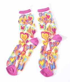 Multicolor Hearts Sheer Ruffle Crew Socks
