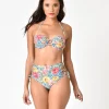 Multicolor Roses Mosaic & Green Stripe Reversible Swim Bottoms
