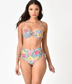 Multicolor Roses Mosaic & Green Stripe Reversible Swim Bottoms