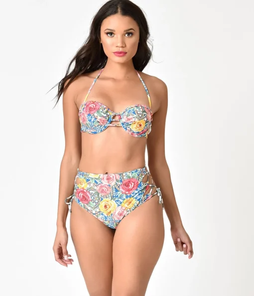 Multicolor Roses Mosaic & Green Stripe Reversible Swim Bottoms