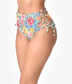 Multicolor Roses Mosaic & Green Stripe Reversible Swim Bottoms