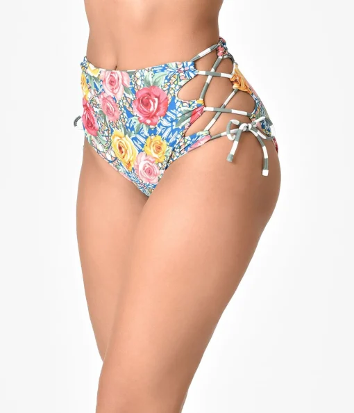 Multicolor Roses Mosaic & Green Stripe Reversible Swim Bottoms