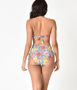 Multicolor Roses Mosaic & Green Stripe Reversible Swim Bottoms