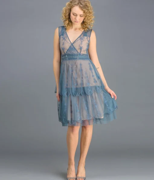 Nataya 1920s Style Sapphire & Nude Flapper Dress