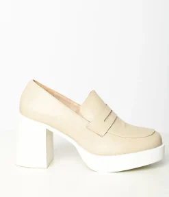 Nude & White Leatherette Platform Loafers