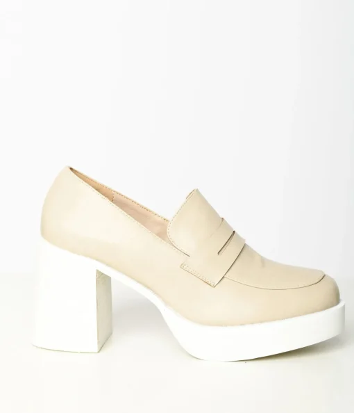Nude & White Leatherette Platform Loafers