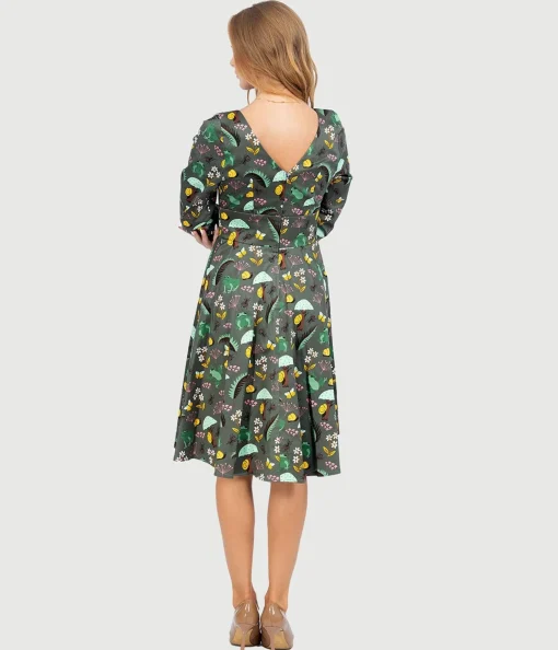 Olive Green & Rain Forest Print Fit & Flare Dress