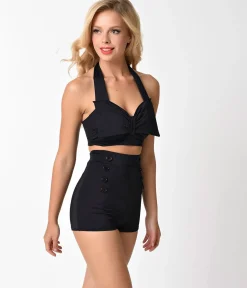 Pin Up Style Black Button High Waist Sailor Swim Bottoms