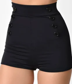 Pin Up Style Black Button High Waist Sailor Swim Bottoms