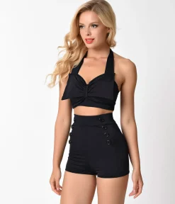 Pin Up Style Black Button High Waist Sailor Swim Bottoms