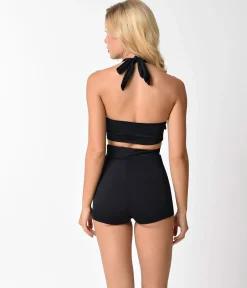 Pin Up Style Black Button High Waist Sailor Swim Bottoms