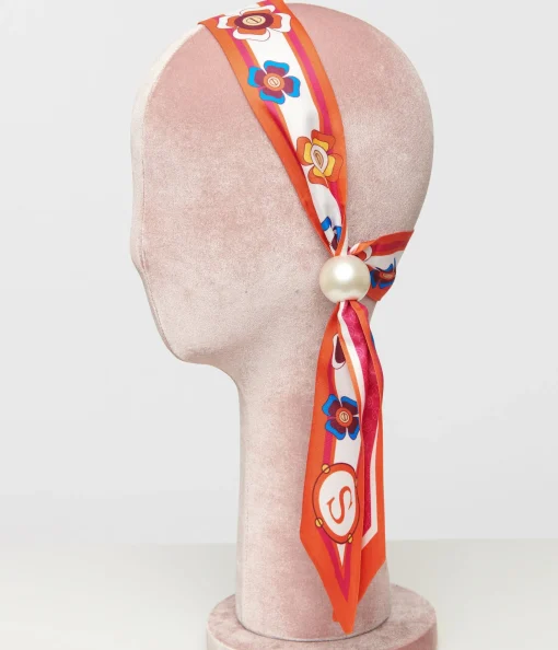 Pink & Orange Floral Pearl Fabric Headband