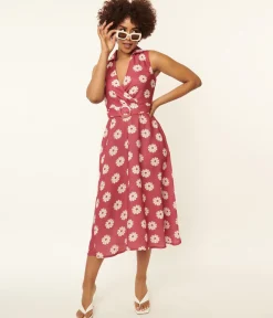 Pink & White Floral Print Midi Dress