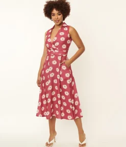 Pink & White Floral Print Midi Dress