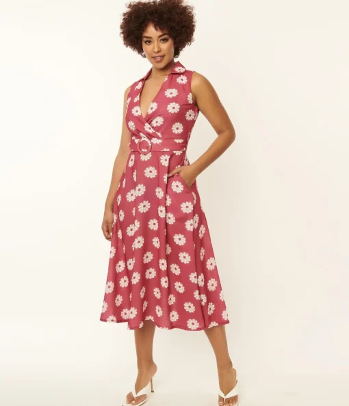 Pink & White Floral Print Midi Dress
