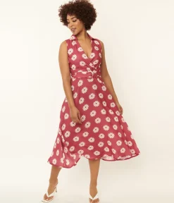 Pink & White Floral Print Midi Dress