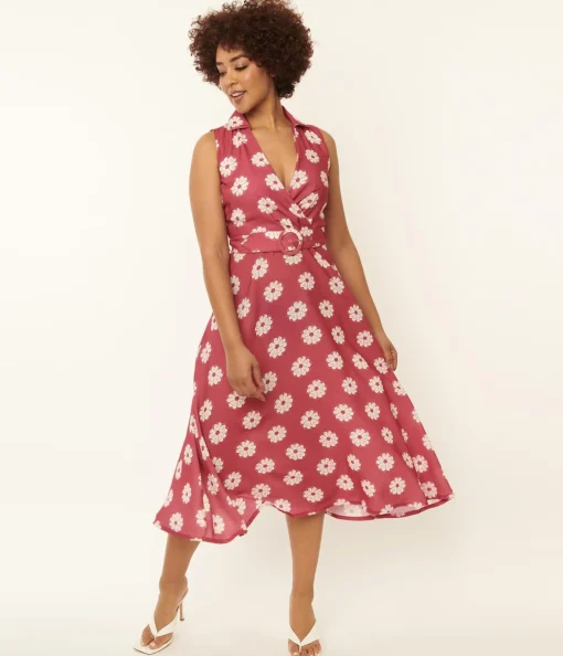 Pink & White Floral Print Midi Dress