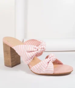 Pink & White Stripe Block Heel Sandal