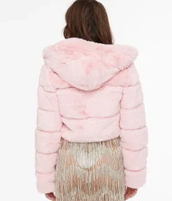 Pink Faux Fur Puffer Crop Jacket