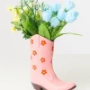 Pink Floral Ceramic Cowboy Boot Vase