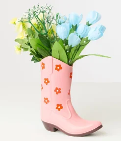 Pink Floral Ceramic Cowboy Boot Vase