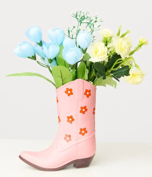 Pink Floral Ceramic Cowboy Boot Vase