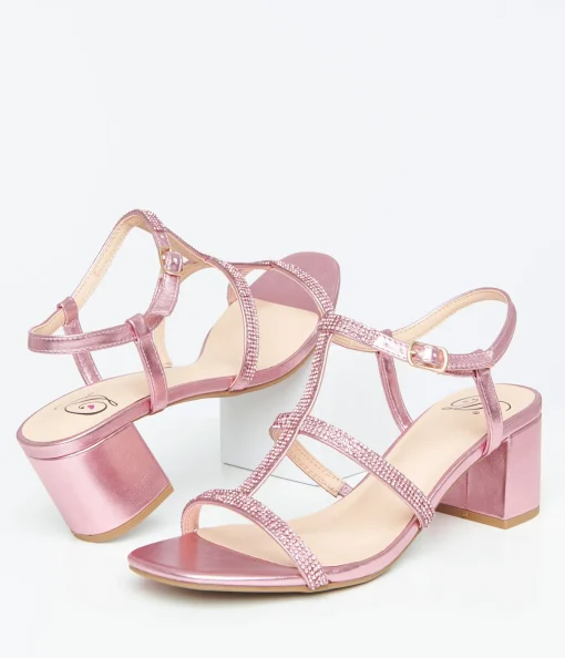 Pink Rhinestone Leatherette T-Strap Heels