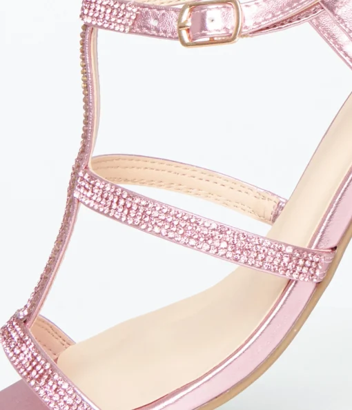 Pink Rhinestone Leatherette T-Strap Heels