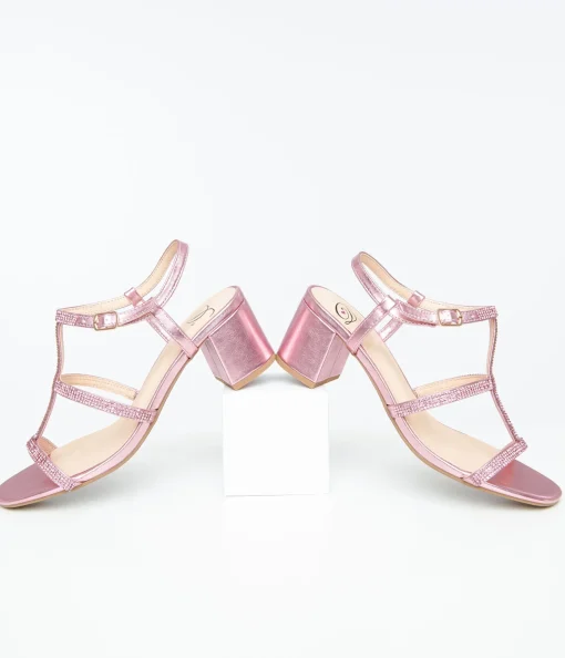 Pink Rhinestone Leatherette T-Strap Heels