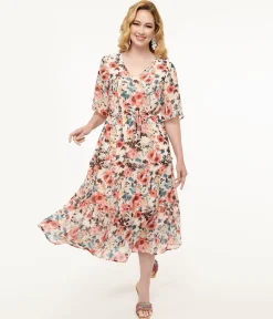 Pink Tropical Flower Chiffon Midi Dress