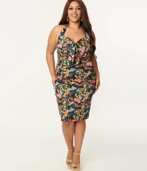 Plus Size Black & Pink Floral Sally Wiggle Dress