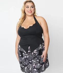 Plus Size Black Bat Halter Crop Top