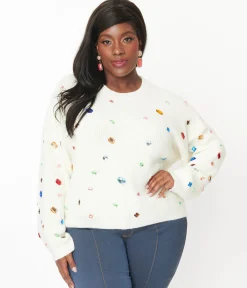 Plus Size Cream Bejeweled Pullover Sweater