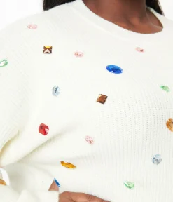 Plus Size Cream Bejeweled Pullover Sweater