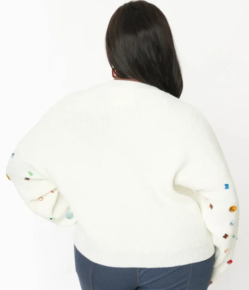 Plus Size Cream Bejeweled Pullover Sweater