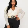 Plus Size Cream Sequin Long Sleeve Bodysuit
