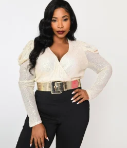 Plus Size Cream Sequin Long Sleeve Bodysuit