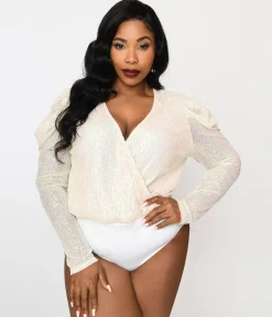 Plus Size Cream Sequin Long Sleeve Bodysuit