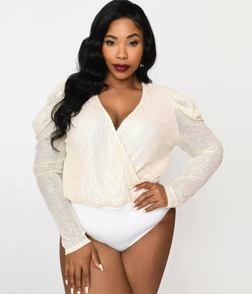 Plus Size Cream Sequin Long Sleeve Bodysuit