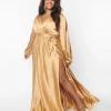 Plus Size Gold Satin Long Sleeve Goddess Gown