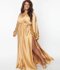 Plus Size Gold Satin Long Sleeve Goddess Gown