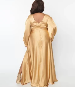 Plus Size Gold Satin Long Sleeve Goddess Gown