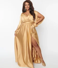 Plus Size Gold Satin Long Sleeve Goddess Gown
