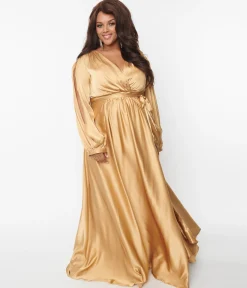 Plus Size Gold Satin Long Sleeve Goddess Gown