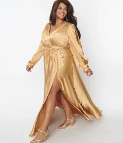 Plus Size Gold Satin Long Sleeve Goddess Gown