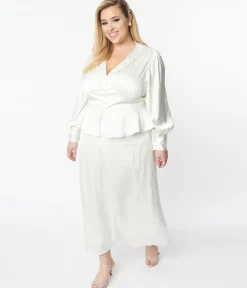 Plus Size Ivory Long Sleeve Blouse & Midi Skirt Bridal Set