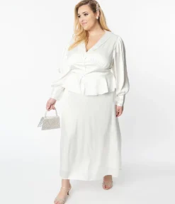 Plus Size Ivory Long Sleeve Blouse & Midi Skirt Bridal Set