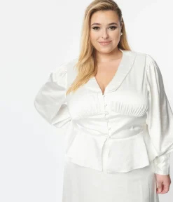 Plus Size Ivory Long Sleeve Blouse & Midi Skirt Bridal Set