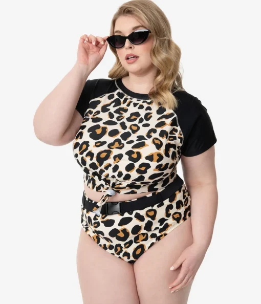 Plus Size Leopard Print Belted Swim Bottom