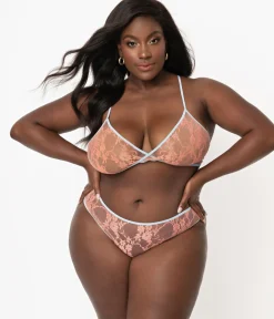 Plus Size Light Blue & Peach Sheer Lace Cheeky Underwear